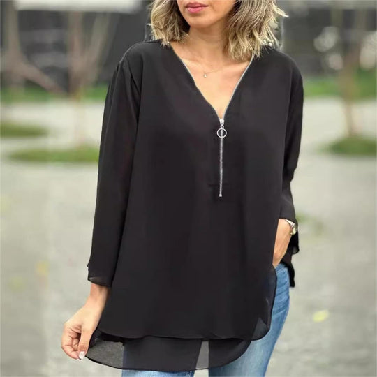 Dames Blouse V-hals | Verstelbare Rits & Dubbele Laag