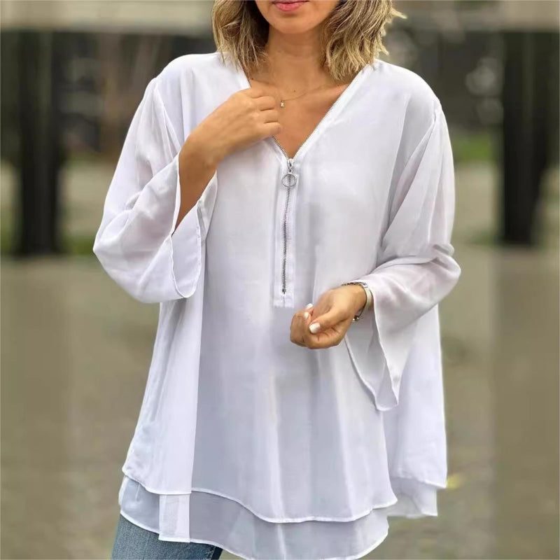 Dames Blouse V-hals | Verstelbare Rits & Dubbele Laag