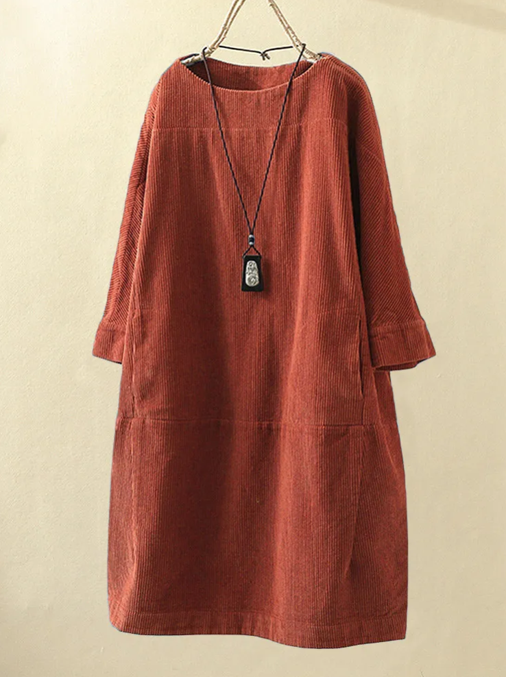 Dames Comfortabele Midi Zomerjurk met Korte Mouw Ribfluweel Design - Robijn