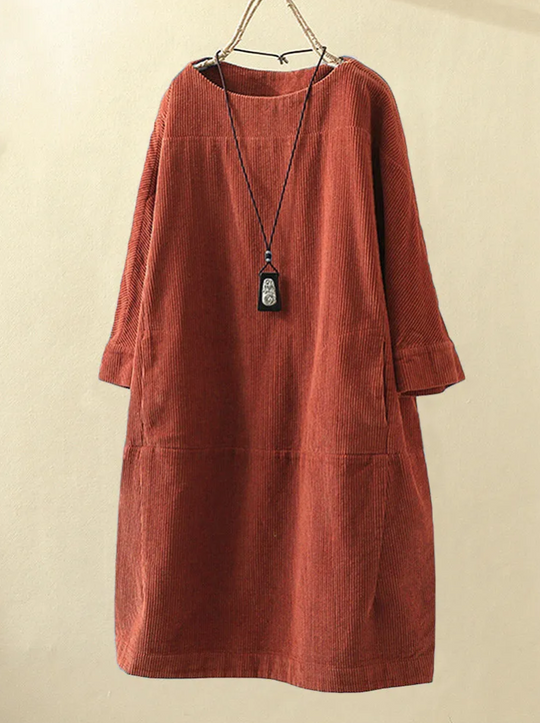 Dames Comfortabele Midi Zomerjurk met Korte Mouw Ribfluweel Design - Robijn