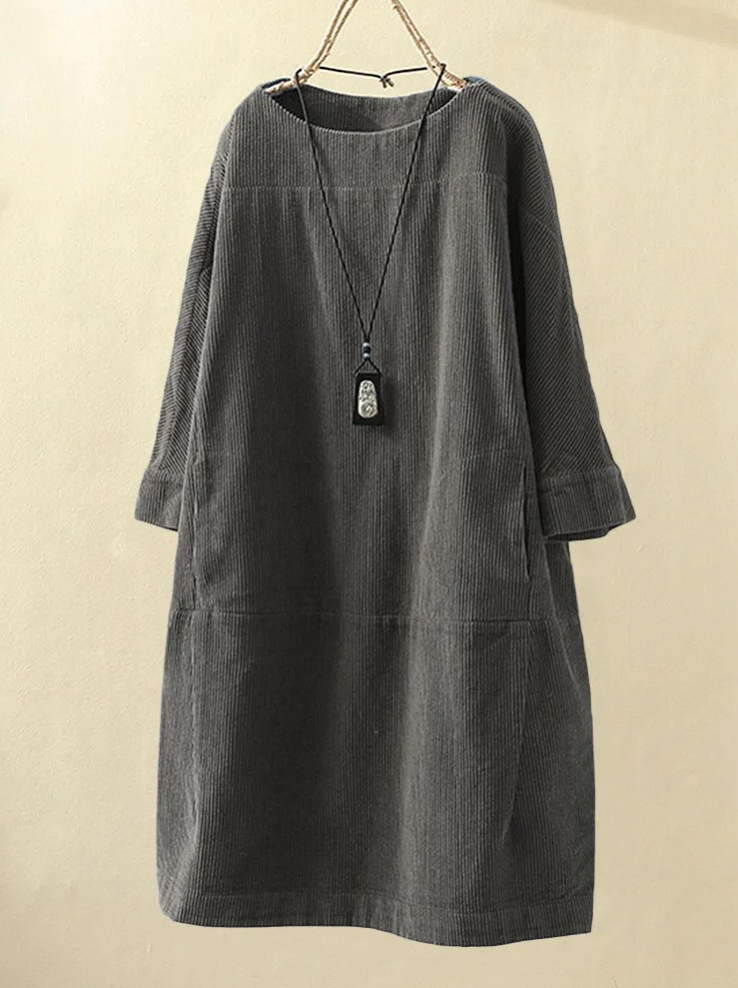 Dames Comfortabele Midi Zomerjurk met Korte Mouw Ribfluweel Design - Robijn