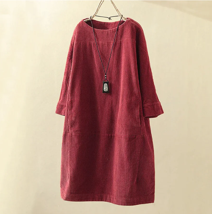 Dames Comfortabele Midi Zomerjurk met Korte Mouw Ribfluweel Design - Robijn