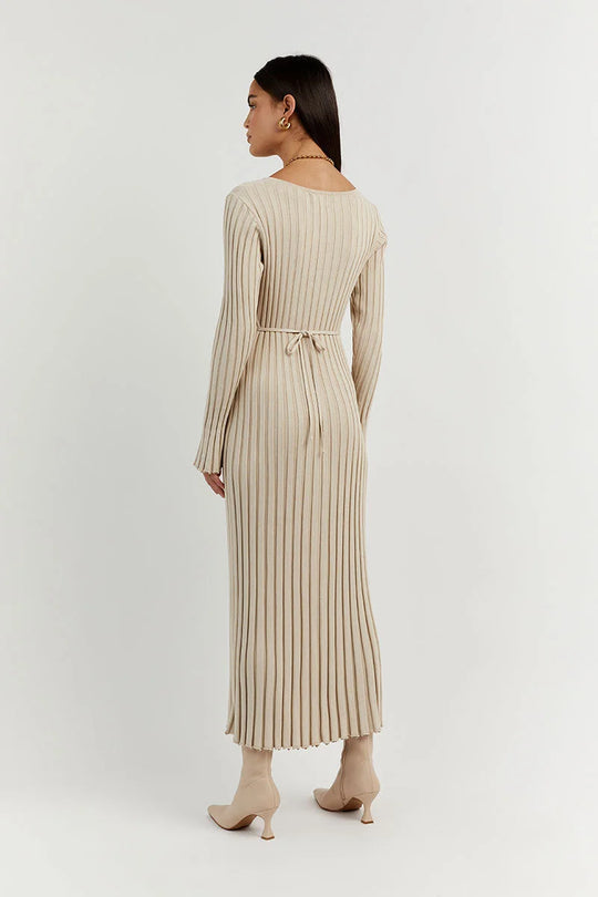 Dames Gebreide Stijlvolle en Comfortabele Lange Mouwen V hals Maxi Zomerjurk- Luna