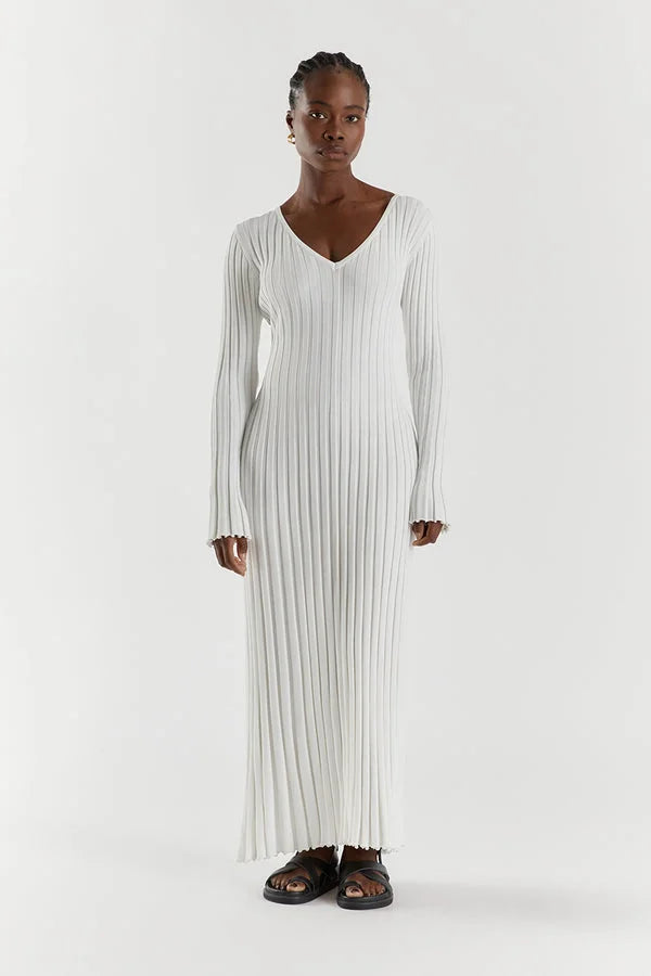 Dames Gebreide Stijlvolle en Comfortabele Lange Mouwen V hals Maxi Zomerjurk- Luna