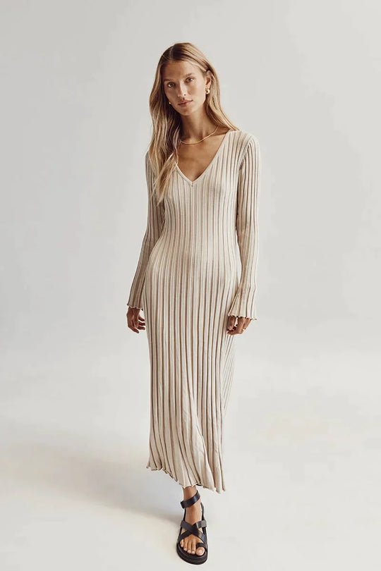 Dames Gebreide Stijlvolle en Comfortabele Lange Mouwen V hals Maxi Zomerjurk- Luna