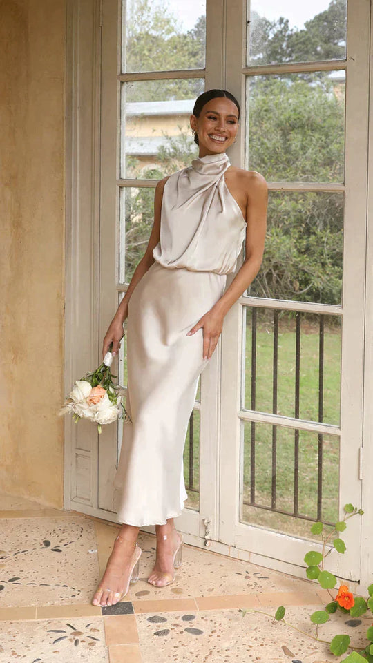 Dames Haltered Glimmende Maxi gast Trouwjurk - Belle