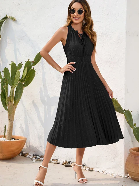 Dames Halterjurk met Plooien Midi Jurk- Bea