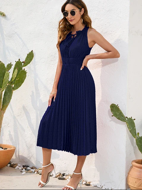 Dames Halterjurk met Plooien Midi Jurk- Bea