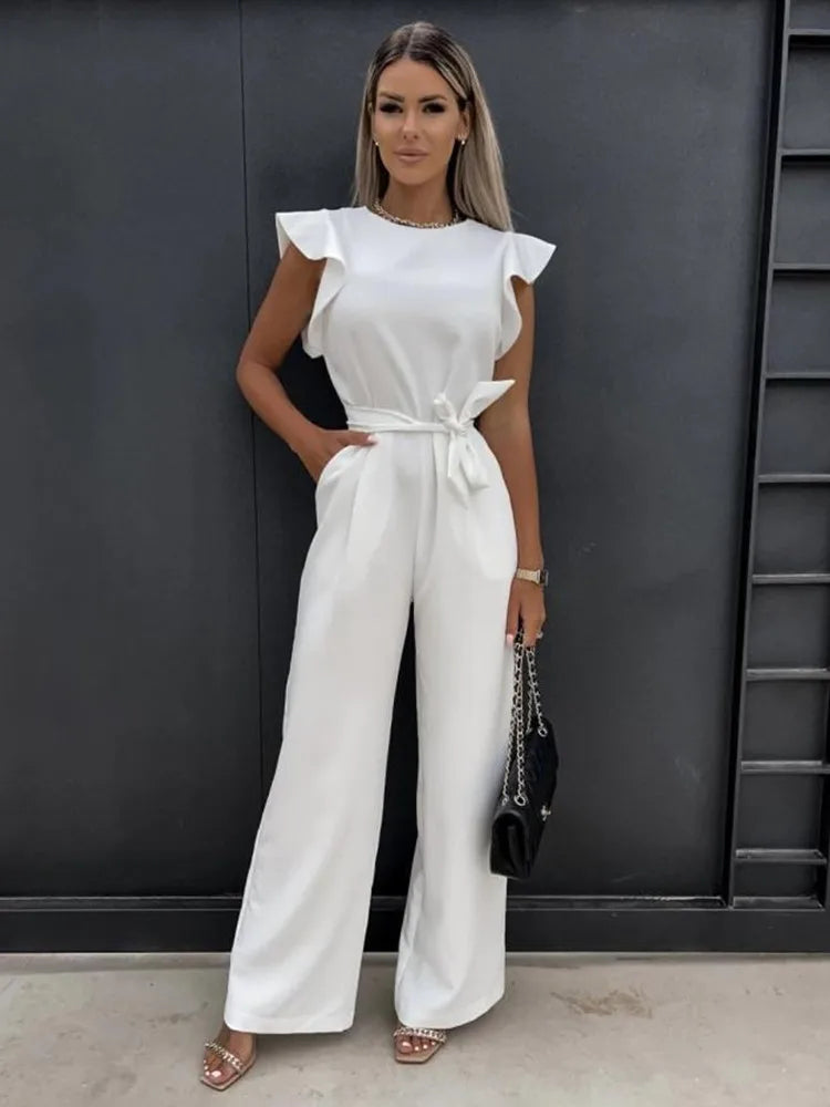 Dames Jumpsuit met elegante ruches en wijde pijpen voor de zomer - Peach