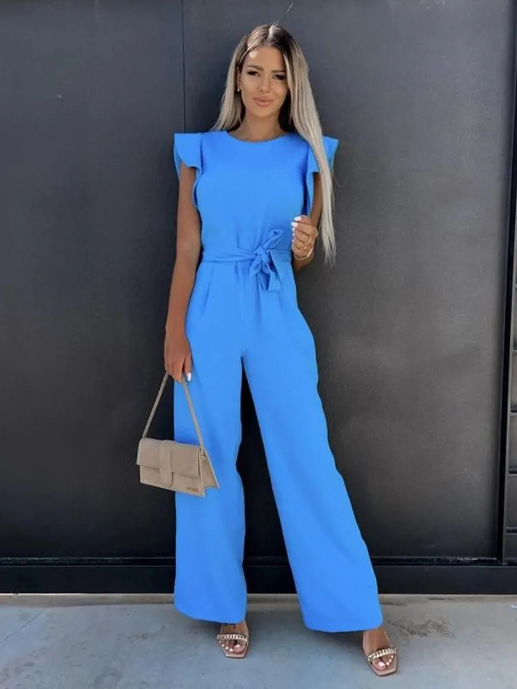 Dames Jumpsuit met elegante ruches en wijde pijpen voor de zomer - Peach