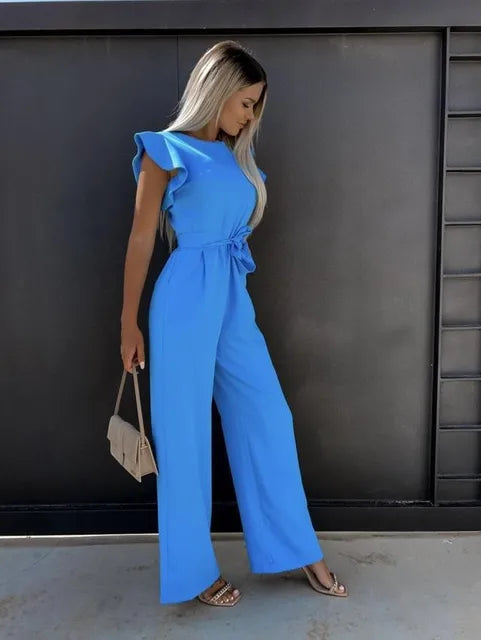 Dames Jumpsuit met elegante ruches en wijde pijpen voor de zomer - Peach