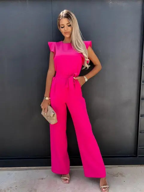 Dames Jumpsuit met elegante ruches en wijde pijpen voor de zomer - Peach