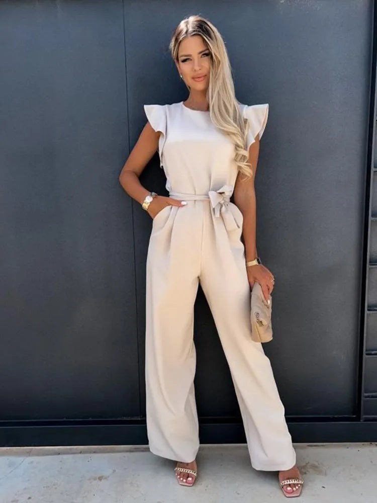 Dames Jumpsuit met elegante ruches en wijde pijpen voor de zomer - Peach
