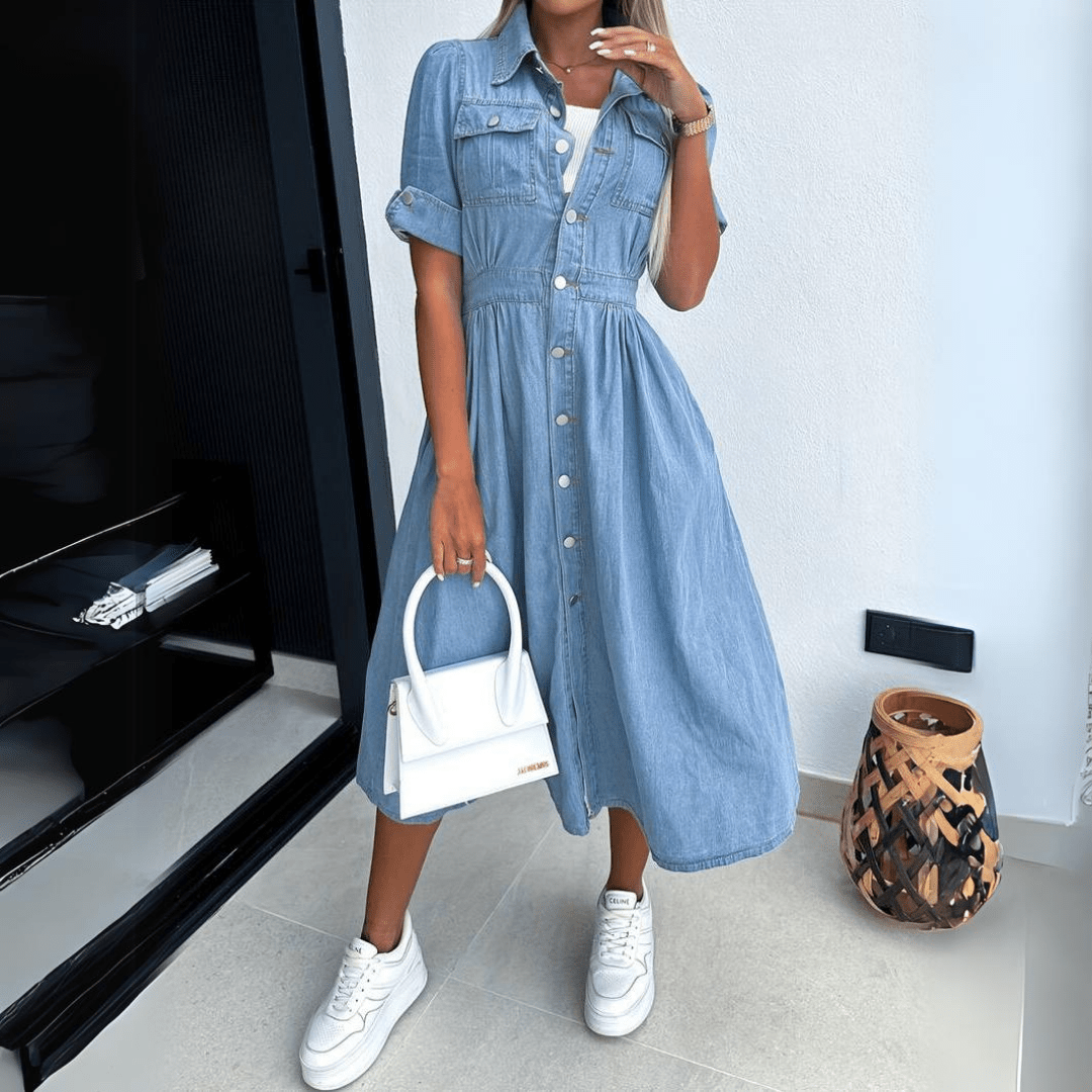 Dames Midi Denim Jurk met kraag - Ashlyn
