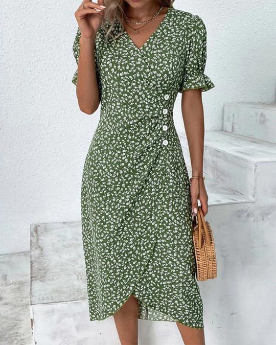 Dames Midi Zomerjurk met Korte Mouwen en V-Hals - Maria