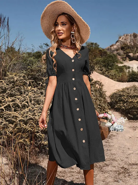 Dames Midi Zonnejurk met knoopsluiting - Annelies