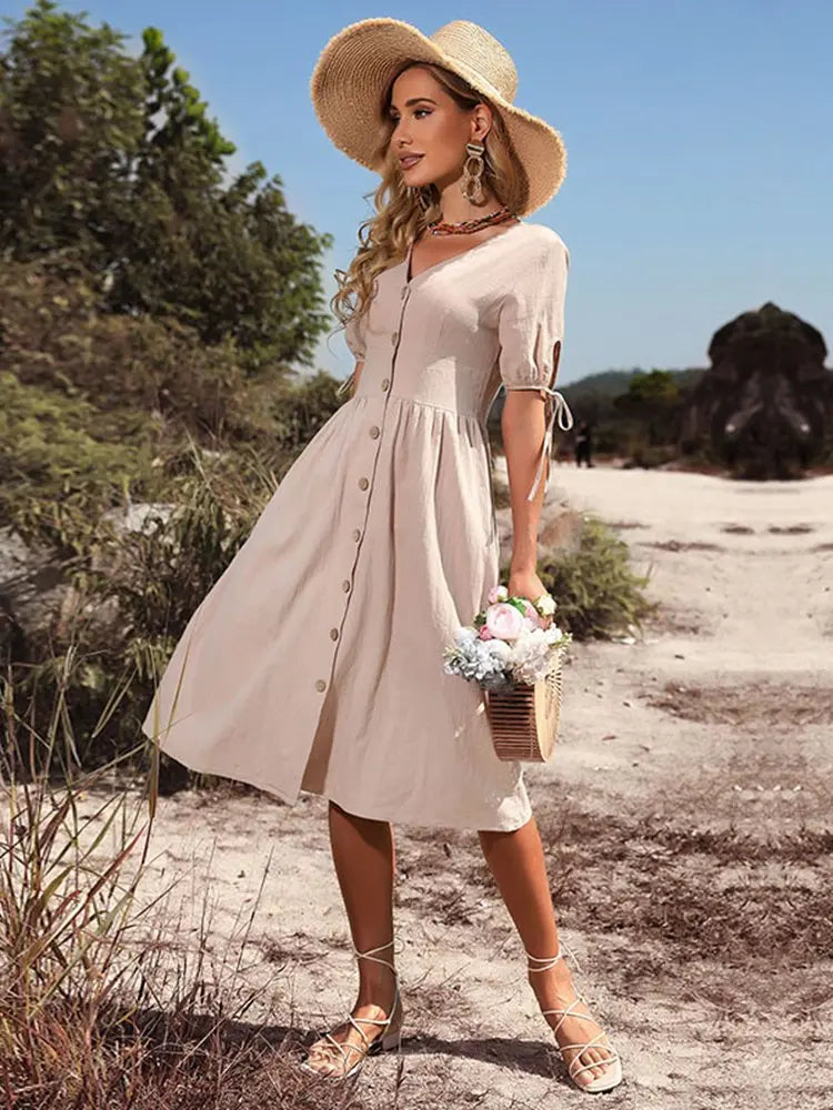 Dames Midi Zonnejurk met knoopsluiting - Annelies