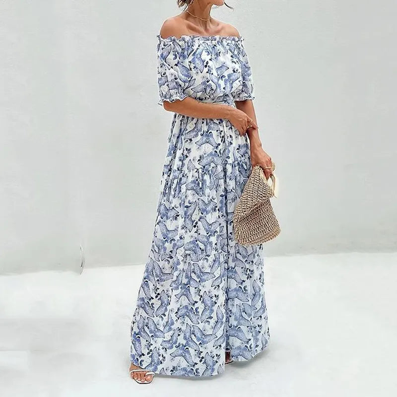 Dames Off Shoulder Elegant Fit Bloemige Maxi Zomerjurk - Rosa