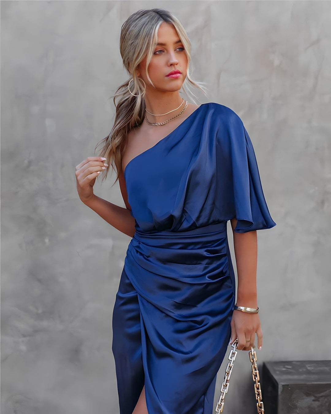 Dames One Shoulder Midi Gala Jurk -Genevieve