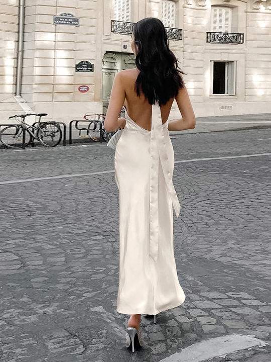 Dames Slim Halter Satijn Ontwerp Midi Gala Jurk - Sophie