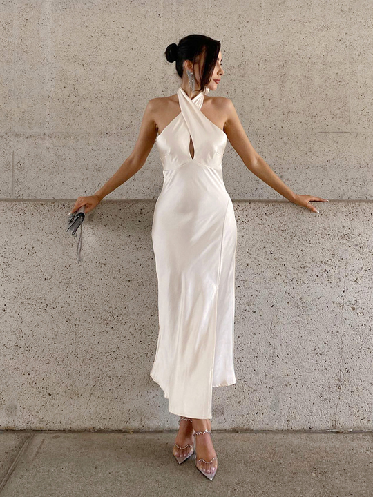 Dames Slim Halter Satijn Ontwerp Midi Gala Jurk - Sophie