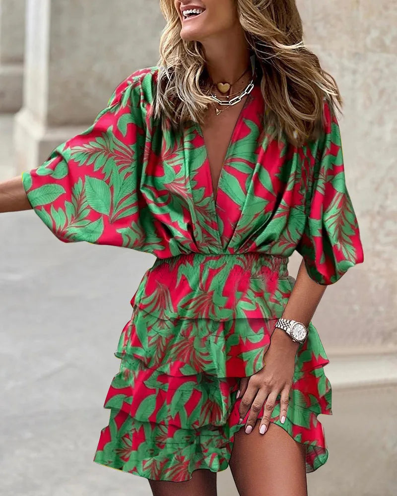 Dames Stijlvol Print Flatterend Uitgesneden met Elastische Taille Mini Zomerjurk - Caroline