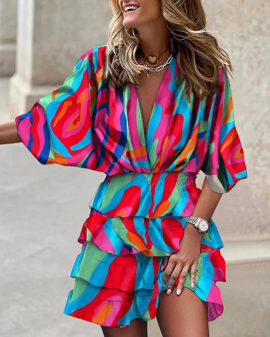 Dames Stijlvol Print Flatterend Uitgesneden met Elastische Taille Mini Zomerjurk - Caroline