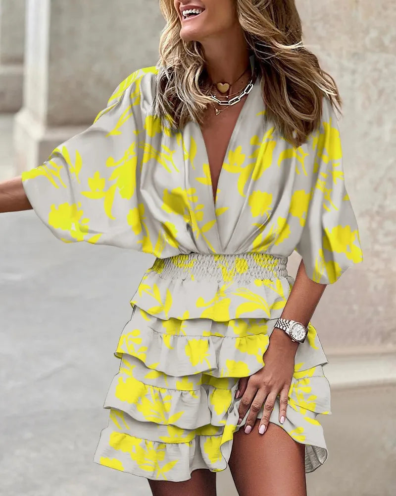 Dames Stijlvol Print Flatterend Uitgesneden met Elastische Taille Mini Zomerjurk - Caroline