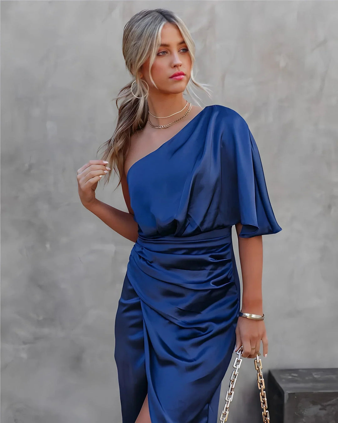 Dames elegante geplooide rok met één mouw Midi galajurk - Dorothea