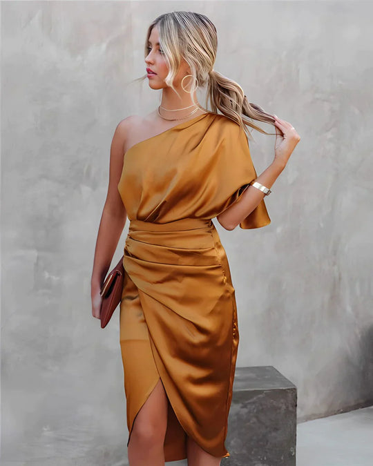 Dames elegante geplooide rok met één mouw Midi galajurk - Dorothea