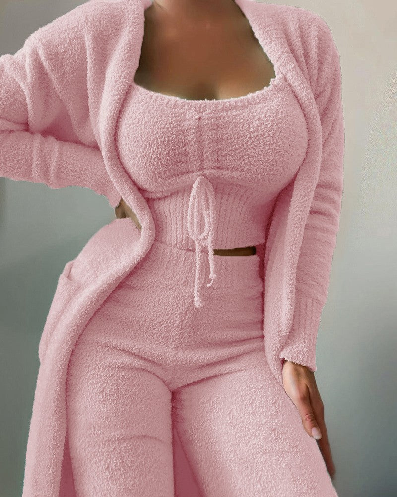 Dames Bijpassende Sets 2025 Herfst Winter Pluche Fluwelen Pyjama Set Crop Top + Lange Broek + Jas 3 Stuks Nachtkleding Zachte Pyjama 1