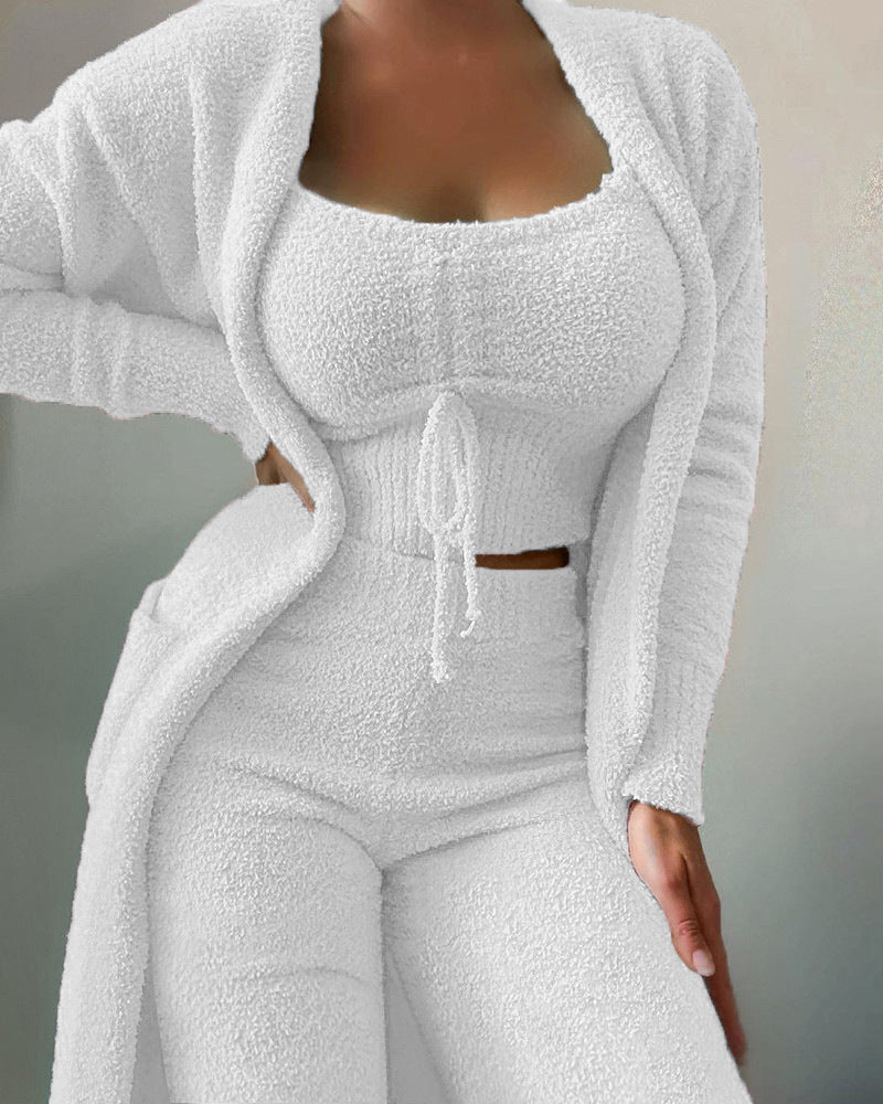 Dames Bijpassende Sets 2025 Herfst Winter Pluche Fluwelen Pyjama Set Crop Top + Lange Broek + Jas 3 Stuks Nachtkleding Zachte Pyjama 2