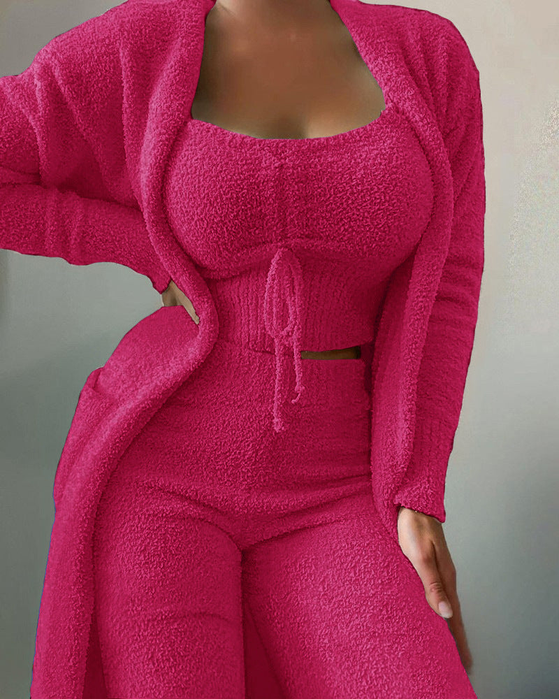 Dames Bijpassende Sets 2025 Herfst Winter Pluche Fluwelen Pyjama Set Crop Top + Lange Broek + Jas 3 Stuks Nachtkleding Zachte Pyjama 3