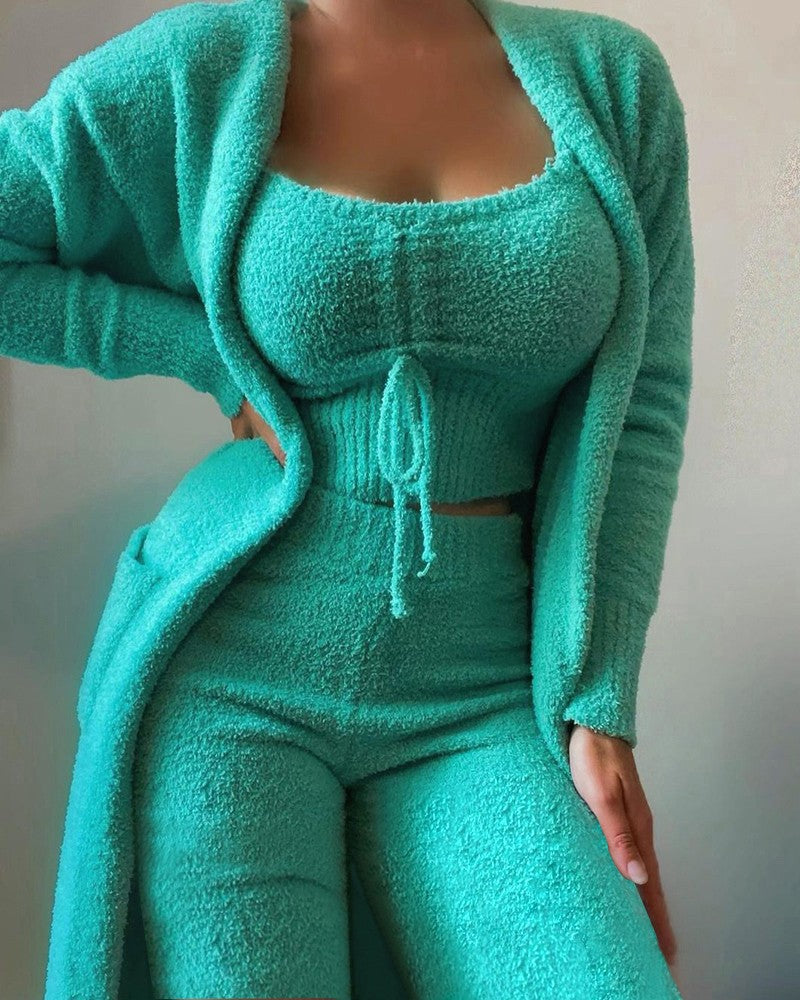 Dames Bijpassende Sets 2025 Herfst Winter Pluche Fluwelen Pyjama Set Crop Top + Lange Broek + Jas 3 Stuks Nachtkleding Zachte Pyjama 4