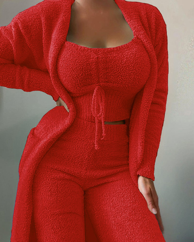 Dames Bijpassende Sets 2025 Herfst Winter Pluche Fluwelen Pyjama Set Crop Top + Lange Broek + Jas 3 Stuks Nachtkleding Zachte Pyjama 7