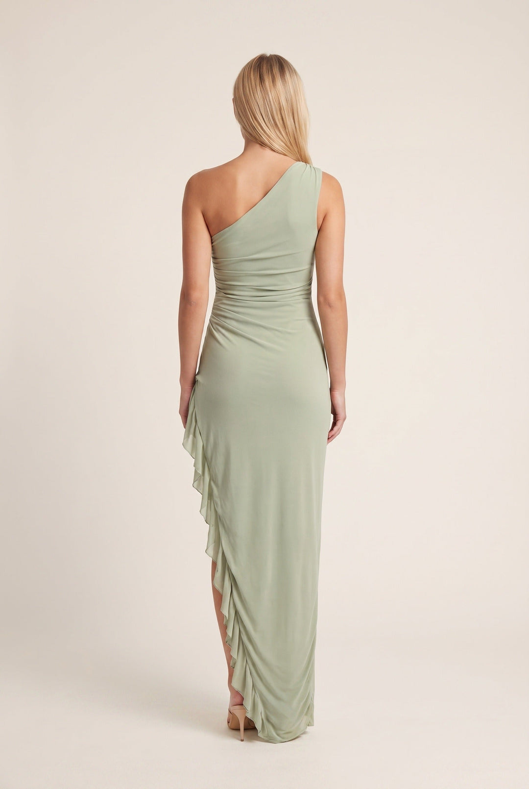 Dames Maxi Jurk One-Shoulder | Saliegroen Met Ruches Detail | Asymmetrische Aansluitende Fit 3
