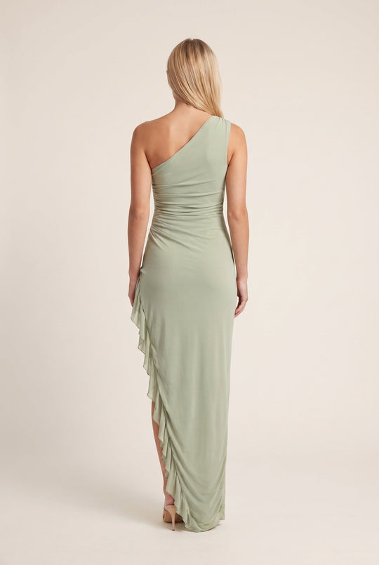 Dames Maxi Jurk One-Shoulder | Saliegroen Met Ruches Detail | Asymmetrische Aansluitende Fit 3