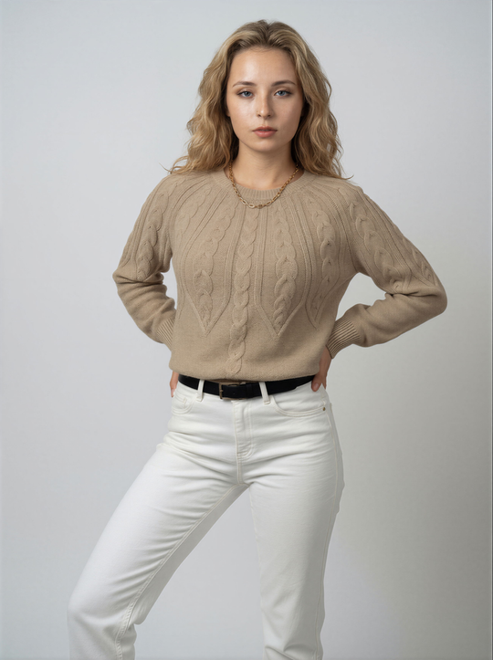 Dames Trui | Kabelstructuur | Ronde Hals | Lange Mouwen | Regular Fit 0