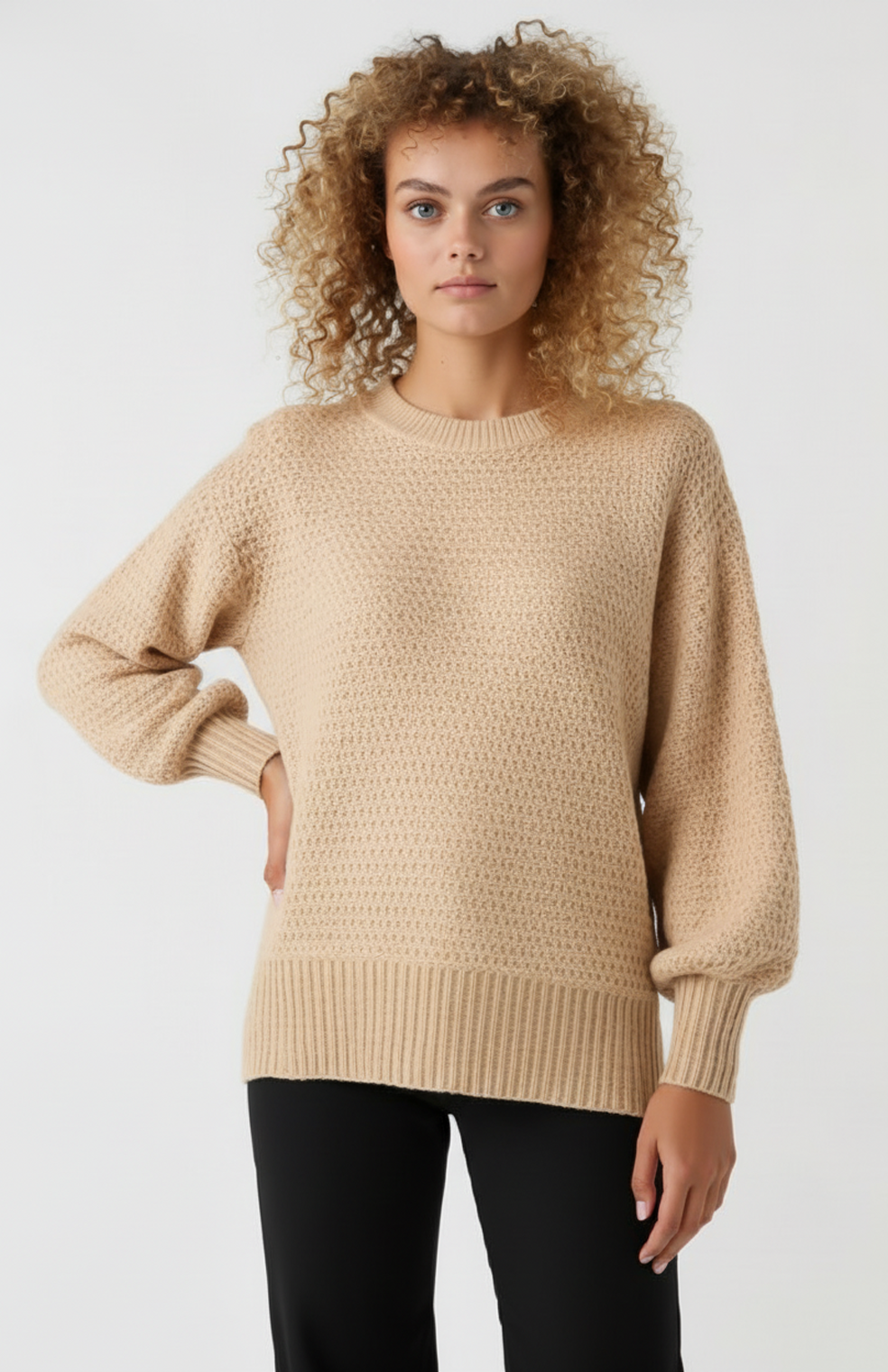 Dames Trui | Textuur Breisel | Comfortabele Pasvorm | Geribde Boorden | Beige 1
