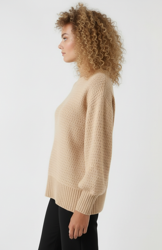 Dames Trui | Textuur Breisel | Comfortabele Pasvorm | Geribde Boorden | Beige 2