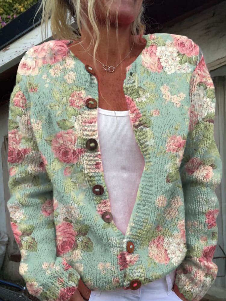 Dames Gebreide Cardigan Vest met Print Groen
