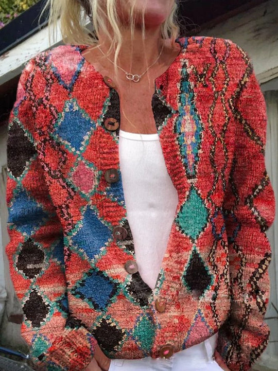 Dames Gebreide Cardigan Vest met Print Rood