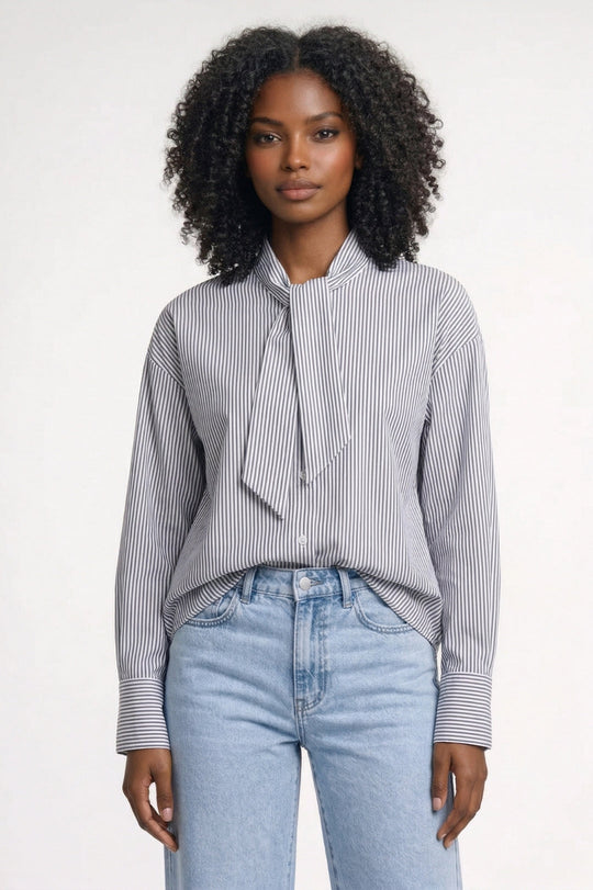 Damesblouse | Gestreept met Strik & Lange Mouwen