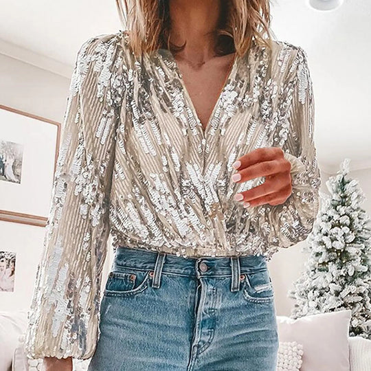 Damesblouse | V-hals & Opvallende Paillettenlook