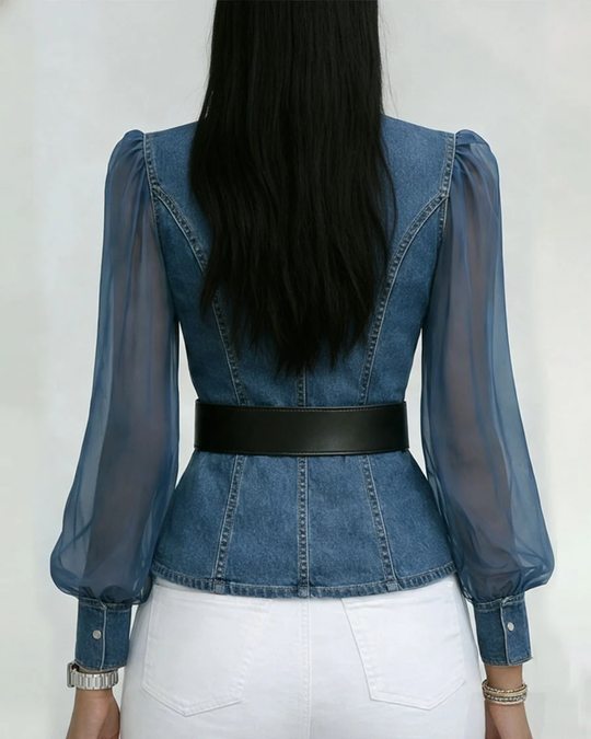 Denim Blouse Dames | Transparante Pofmouwen & Getailleerde Pasvorm