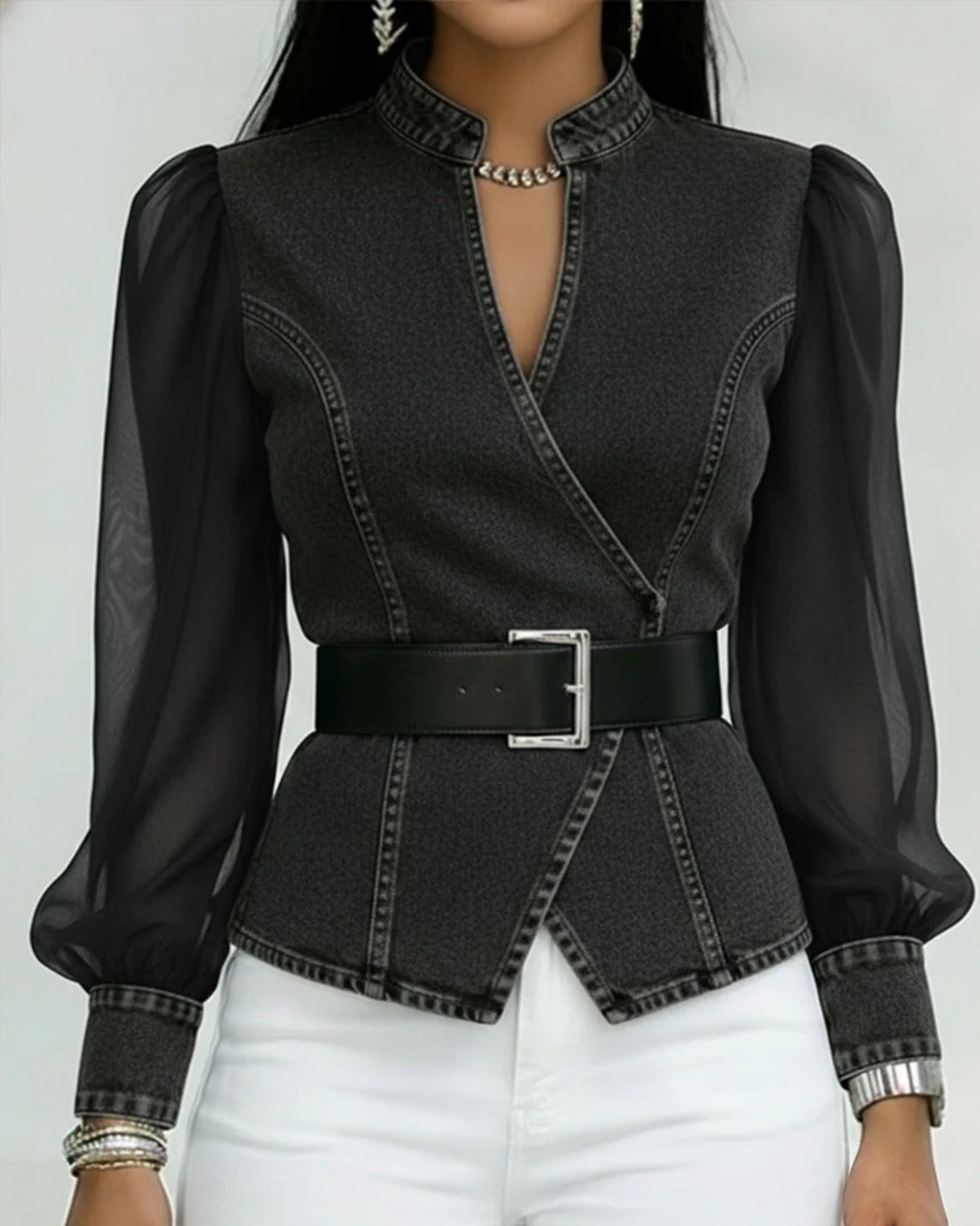 Denim Blouse Dames | Transparante Pofmouwen & Getailleerde Pasvorm