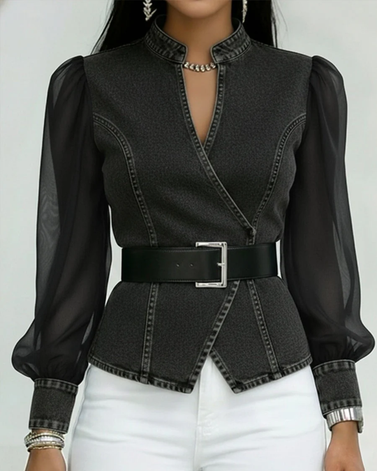 Denim Blouse Dames | Transparante Pofmouwen & Getailleerde Pasvorm