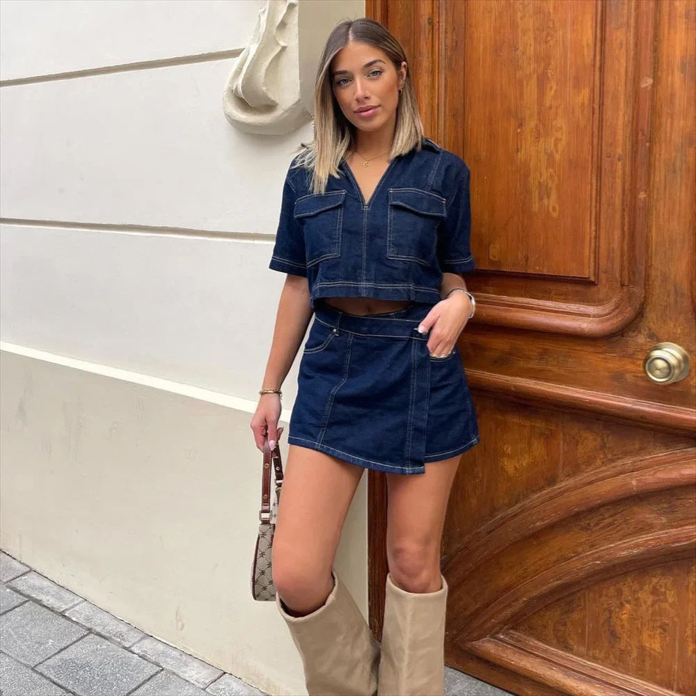 Denim Co-ord Set Dames | Crop Top & Asymmetrisch Minirokje