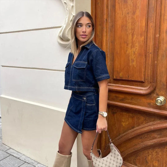 Denim Co-ord Set Dames | Crop Top & Asymmetrisch Minirokje