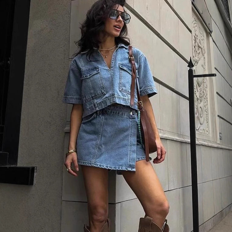 Denim Co-ord Set Dames | Crop Top & Asymmetrisch Minirokje